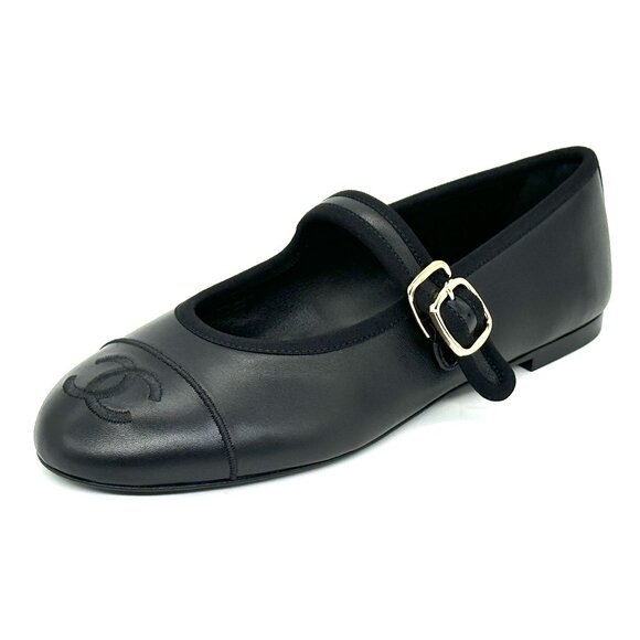 CHANEL Shoes - CHANEL REV CC Logo Leather Mary Jane Ankle Strap Flat Ballerina Shoes Black